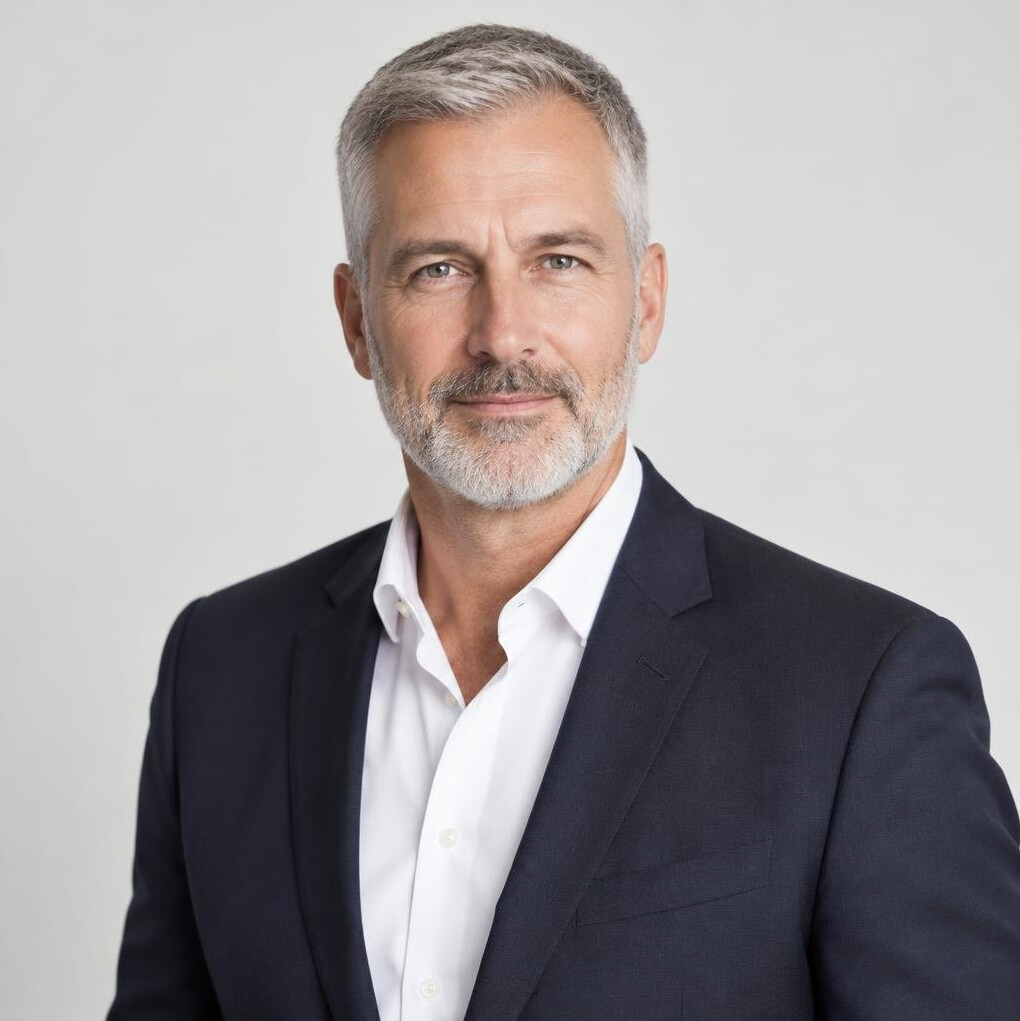 Portrait of a man with short grey hair in a dark suit