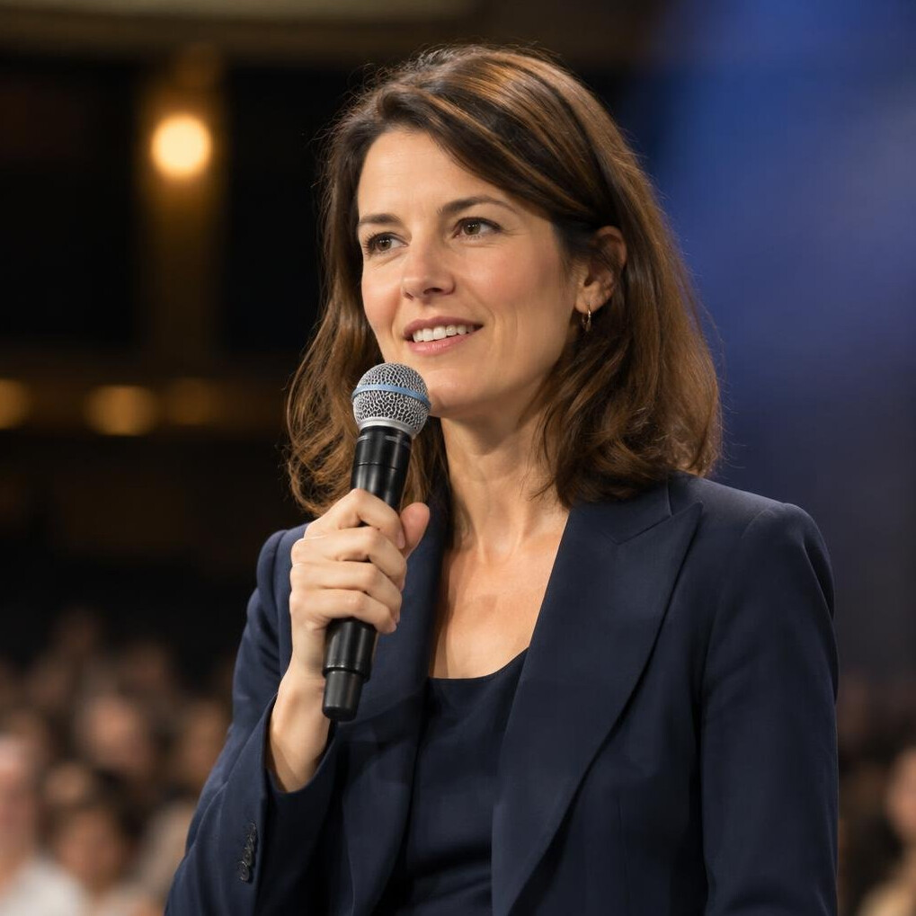 Confident woman speaking at a microphone on a softly lit stage